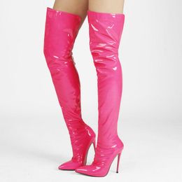 Fashion Patent Leather Women Over Knee Boots Back Zipper Long Boots Ladies Pointed Toe Sexy High Heels Shoes Sapatos Femininos For Girls Shoes 35-43