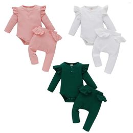 Clothing Sets 2Pcs Baby Girls Outfit Autumn Solid Color Long Sleeve Round Collar Hand-wrapped Romper Lace Splicing Pants Set