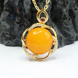 Chains Natural S925 Inlaid With Old Material Honey Wax Chicken Oil Yellow Round Bead Necklace Pendant Versatile Exquisite Holiday Gift