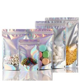 Packing Bags Wholesale 100Pcs Lot Resealable Stand Up Zipper Aluminium Foil Pouch Plastic Holographic Smell Proof Bag Package Food Co Ota4Z