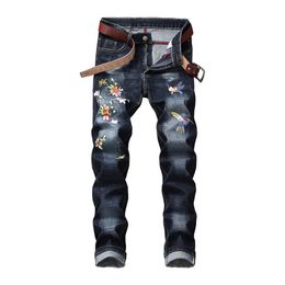 Men's Jeans Mens Style Floral Embroidery Full Length Denim Pants Straight Runway Fashion Washed Elastic Trousers234I