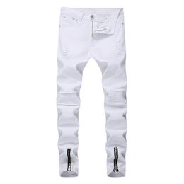 Men's Jeans Men White Solid Color Frayed Slim-Fit Bikes Pencil Pants Classic Business Streetwear Delivery200f