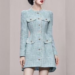 Womens Wool Blends Autumn Winter Woolen Coat Women tweed O Neck Singlebreasted Slim Outer Wear Korean Style Jacket Mini Dress 230905