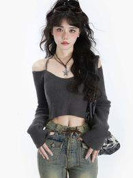 Women s Sweaters Y2K Women Korean Vintage Acubi Slim Cropped Sweater Aesthetics Long Sleeve V Neck Gyaru Grunge Tight Pullovers Clothes 230906