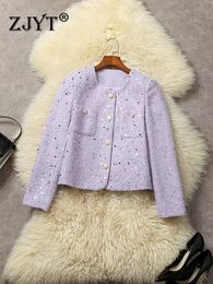 Women's Wool Blends ZJYT Luxury Sequined Tweed Woollen Jacket for Women Autumn Ropa De Mujer Long Sleeve Coat Short Outerwear Veste Femme Purple 230905