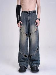 Men's Jeans YIHANKE Male Y2k High Street Patchwork Loose Men Hollow Out Trendy Vintage Metal Button Straight Denim Pant Wide Leg