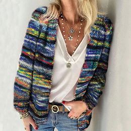 Women's Plus Size TShirt Autumn Winter Long Sleeve Knit Cardigan Jacket Rainbow Striped Sweater Ladies Thin Loose Casual Coat Clothing 230905