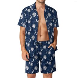 Men's Tracksuits Sun Moon Men Sets Stars Print Casual Shorts Vacation Shirt Set Summer Novelty Graphic Suit Short Sleeves Oversized Clothes