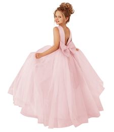 Pretty Princess Beading Flower Girl Dresses Backless Ball Gown Tulle Big Bow Girls Pageant Gown Communion For Wedding Formal Party F02