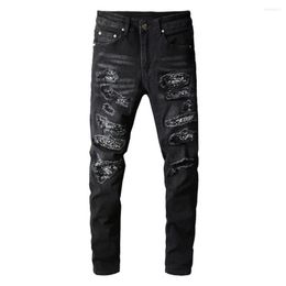 Men's Jeans Printed Patchwork Stretch Streetwear Black Denim Pencil Pants Slim Skinny Ripped Trousers