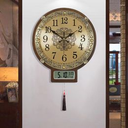 Wall Clocks Clock Living Room Solid Wood Fashion Simple Atmosphere Household Temperature Perpetual Calendar