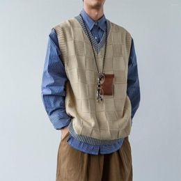 Men's Vests 2023 Luxury Knitted Vest Pullover Sweater Men Casual Streetwear Patchwork Plaid V Neck Sleeveless Loose Vintage M-3XL