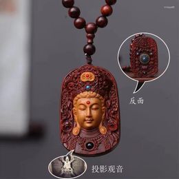 Chains Red Sandalwood Wood Inlaid Guanyin Head Pendant Necklace Women