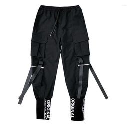 Men's Pants Hip Hop Men Ribbons Cargo Sweat Fashion Harajuku 2023 Elastic Waist Casual Streetwear Mens Joggers Trousers Black