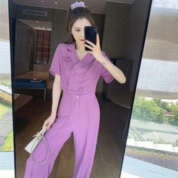 Women's Two Piece Pants Summer Korean Short Double Breasted Top With Wide Leg Trousers Suit Leisure Fashion Purple Set Women