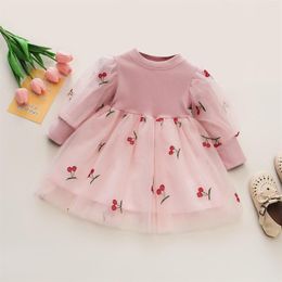 Girl Dresses Infant Baby Princess Clothes Cherry Embroidery Long Sleeve Layered Tulle Party Born For Spring Dress Outfit