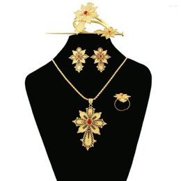 Necklace Earrings Set Est Ethiopian Cross Flower African Bridal Jewelry /Pendant/Bangle/Earring/Ring/Hairpin Gold Brand