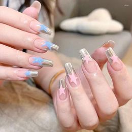 False Nails Sweet Cool Blue Pink Star Design Y2k For Lady Girl Wearable French Press On 24pcs