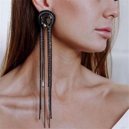 Dangle Earrings Sexy Black Rhinestone Chain Big Water Drop Super Long Tassel For Women Crystal Geometric Hanging