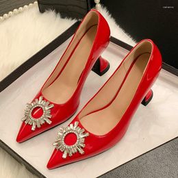 Dress Shoes Patent Leather Luxery For Woman Office Pumps Lady Red Wedding Bride Fashion High Heels Stilettoes With Crystal Sun Flower
