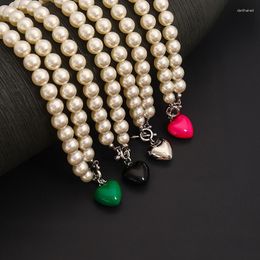 Chains Vintage French Autumn Pearl Necklace Colourful Love Heart Pendant Premium Collarbone Chain Trend Girl Neck