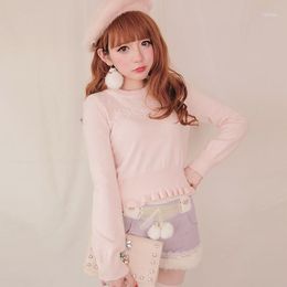Women's Sweaters Princess Sweet Lolita Sweater BOBON21 Exclusive Rose Embroidery Lace Hair Blue And Pink T1157
