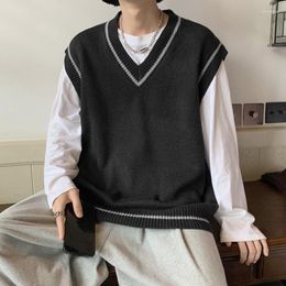 Men's Vests Men Sweater Vest Contrast Loose Knitted Sweaters Male All-match Chic Fashion Casual V-neck Korean Style Streetwear Soft