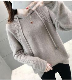 Women's Sweaters Autumn Winter Knitted Women Sweater Loose Korean Sweet Lady Hooded Long Sleeve Lace Up Pullover Short