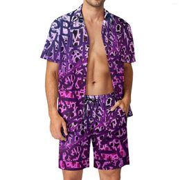 Men's Tracksuits Abstract Letter Beach Men Sets Purple Gradient Casual Shirt Set Summer Graphic Shorts Two-piece Fashion Suit Large Size