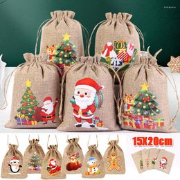 Gift Wrap Christmas Linen Packaging Bag Santa Claus Elk Print Drawstring Cookie Candy Pouch For Xmas Year Party Gifts Storage
