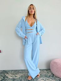 Women's Sleepwear Marthaqiqi Long Sleeve Pyjamas Sets Sexy Bras Lace Up Turn-Down Collar Nightwear Pants Pyjamas 3 Piece Suits