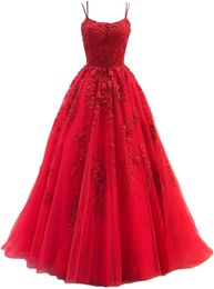 Long Sweety Formal Evening Dresses Prom Party Gowns Appliques Spaghetti Strapless Lace-up Tulle Ball Gown Plus Size E09