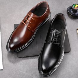 Dress Shoes Business Men Concise Platform Pointed Male Casual Leather Shoe Black Solid Colour Lace Up Shallow Derby 230905