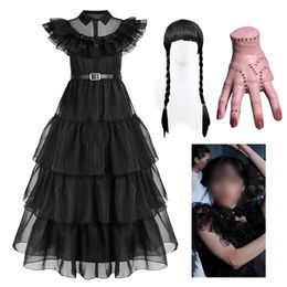 Cosplay onsdag cosplay för tjejdräkt vestidos för barn onsdag cosplay kostymer svart gotisk halloween festklänning 230906
