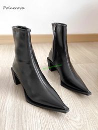 Boots Sexy Pointy Toe Leather Ankle Solid Square Heel Zippers est Banquet Runway Shoes for Women Autumn Concise 230905