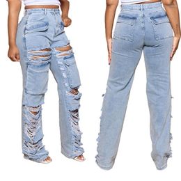 Women's Jeans Ripped Denim Cargo Pants Sexy Women High Waist Elegant Streetwear Casual Straight Trousers