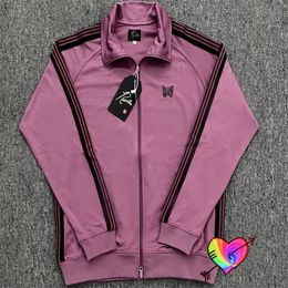Mens Jackets Dark Pink Needles Track Jacket Men Women Knitted Stripe AWGE Poly Smooth Butterfly Coat 230906