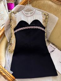 2023 Summer Black Contrast Color Panelled Dress Sleeveless Round Neck RhinestoneKnee-Length Casual Dresses S3S01M267