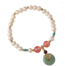 Strand HABITOO Fashion 7-8mm Natural White Freshwater Cultured Pearl Pink Crystal Bead Bracelet Green Jade Pandant Bangle Jewellery Gift