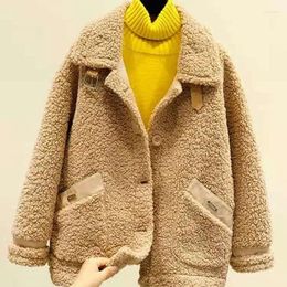 Women's Fur Women Winter Thick Lamb Wool Coat Single Breasted Tops Loose Grain Velvet Pocket Jacket All-in-one Short Cardigan Female