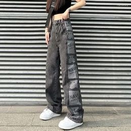 Women's Jeans MEXZT Y2K Street Print Denim Pants Women Harajuku Punk High Waist Straight Wide Leg Hip-Hop Distressed Trousers