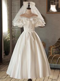 Ethnic Clothing Vintage White Satin A-Line Wedding Dresses Bride Off Shoulder Formal Party Dress Vestido De Novia