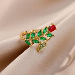 Wedding Rings Charm Plant Flower Leaf For Women Silver Gold Colour Horse Eye Green Zircon Red Stone Adjustable Index Finger Ring Jewellery