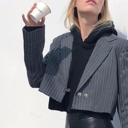 Women's Suits 2023 Fashion Ladies Long Sleeve Striped Double Button Elegant Office Cutaway Crop Top Ulzzang All-match