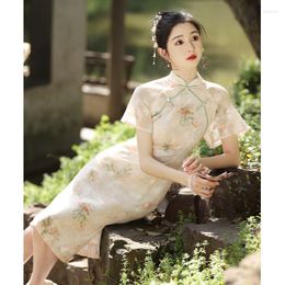 Ethnic Clothing 2023 Summer Pink Cheongsam Dress Women Traditional Mid Long Dresses Chinese Style Vintage Floral Improved Qipao S To XXL