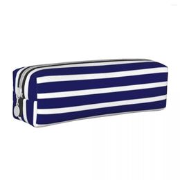 Blue White Striped Square Pencil Case Summer Nautical Stripes Pattern Retro Leather Box School For Teens Zipper Pen Pouch