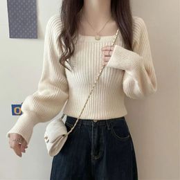 Womens Sweaters Autumn Square Collar Warm Woman Fashion Korean Solid Slim Knit Jumper Elegant Lantern Sleeve All Match Pullover Sweater 230905