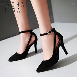 Dress Shoes ORCHA LISA Sexy Pumps For Women Thin High Heels Pointed Toe Flock Buckle Strap Bridal Wedding Party Big Size 33 41 42 43