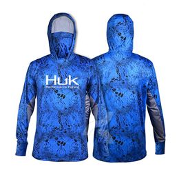 Other Sporting Goods HUK Fishing Shirt UPF 50 Hooded Face Cover Fishing Clothes Sun UV Protection Long Sleeve Hoodie Men's Face Mask Camisa De Pesca 230905
