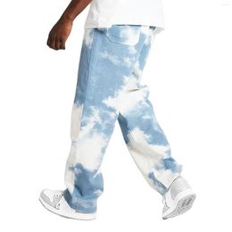 Men's Jeans 2023 Tie-Dye Casual Hip-Hop High Street Elastic Waist Trendy Straight Denim Pants Loose Trouser Pantalon Homme